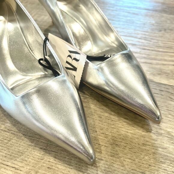 ZARA Metallic Pointed Toe Heels NWT | Silver Pumps | Size 7.5 - Picture 8 of 16